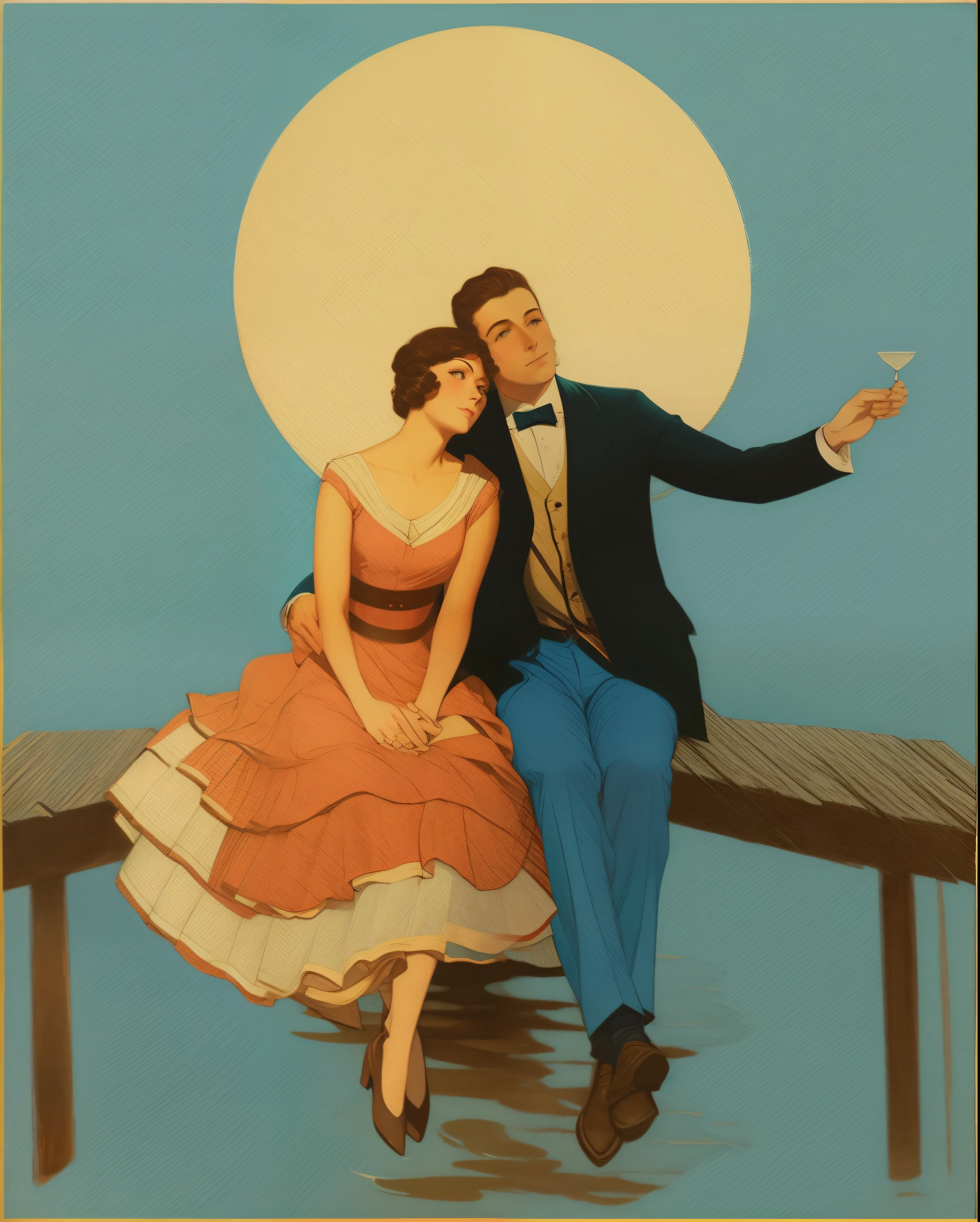 arafed image of a man and woman sitting on a pier, by Hovsep Pushman, by Coles Phillips, by Randolph Schwabe, holding hands in the moonlight, joseph leyendecker, leyendecker, leyendecker style, by J.C. Leyendecker, by J. C. Leyendecker, part leyendecker style