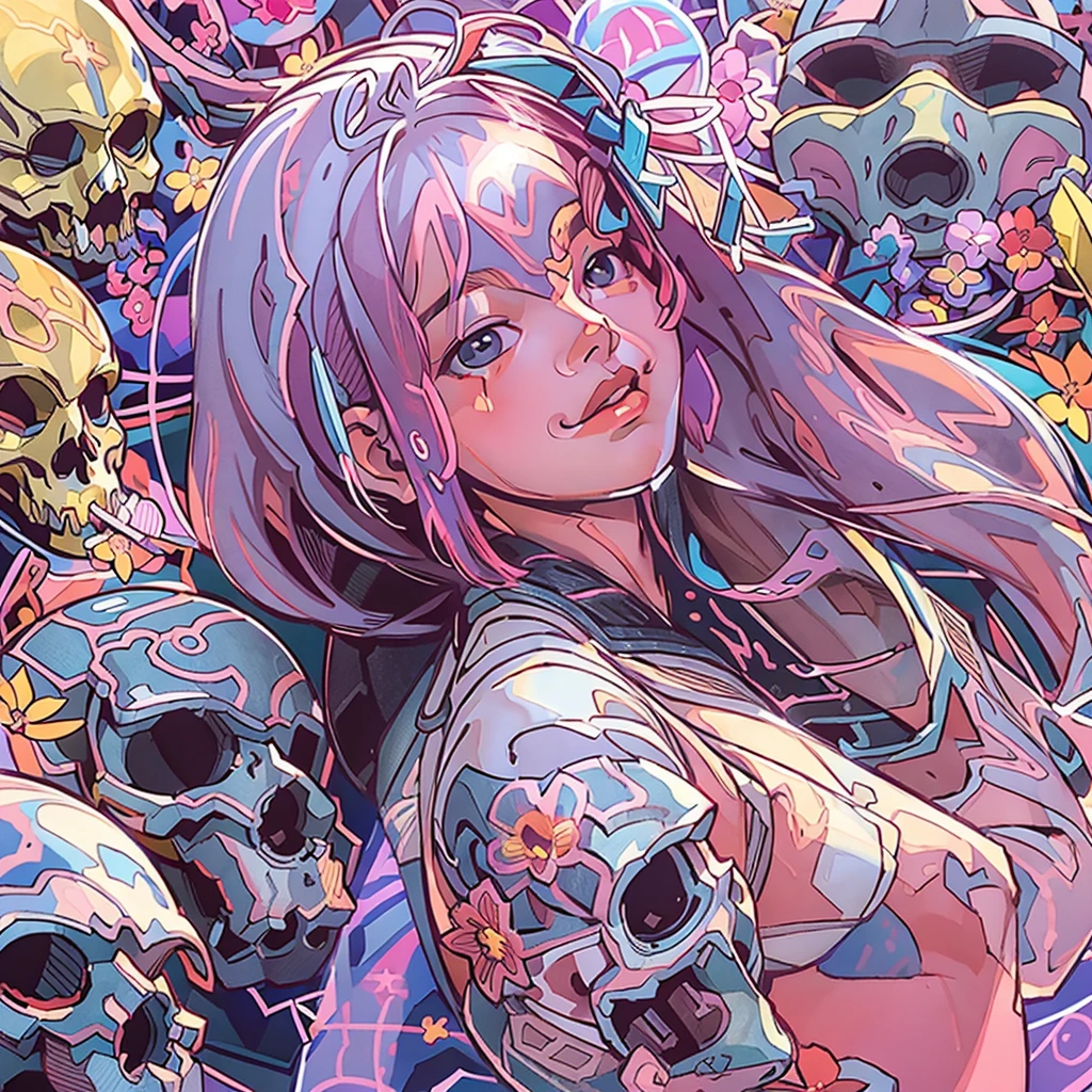 ((Create a high quality image), (stylized color graphics, Anima style), (masterpiece, best quality: 1.2), (1 girl, solo, full growth), (bright graphics, comics, Marvel, Blizzard), (Japanese anime graphics), (Ghost in the Shell, Blade Runner, Animatrix, Appleseed))_((Stylization; clear line, clear outline, high-quality linear drawing, shading))_((Color, bright balanced colors, harmonious color scheme; Pixar , RiotGames, Epic Games), (color fill, color saturation, saturation, harmony, balance))_((Images, plot; cute cute sexy girls, kawaii, Lola), (erotica, NSFW), (nude parts, beautiful legs, chest, long hair, eyelashes, expressive eyes), (special attention to facial details, figure proportions, expressive forms, attractiveness, seductiveness), (also present; skulls, flowers, weapons))_((Visualization; graphic animation style, high quality, anime style, Japanese anime, high quality, masterpiece, best movies - Arcana), (Stylized 3D graphics, linear stroke, color fill, clear chiaroscuro, fill set, ray tracing, reflected light, caustics), (hand-drawn graphics, graphics drawn by a master, stylized graphics), (mixing styles); abstraction - realism, animation, three-dimensional graphics)).