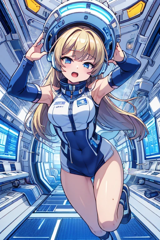 top-quality,Top image quality,in 8K,4K,masterpiece,ultra-detailliert,Beautiful,ultra-quality, best quality,high resolution, ultra-detailed,game cg,dutch angle,(acrobatic pose):5,jumping:5,(inside spacestation,)beautiful detailed eyes,five fingers,headphone,nsfw,a beauty girl,(astrovest):5,(track uniforms),wet,(steam:1.5),Running form,open open mouth,(blonde hair),(long hair):2,Navel,space_station_interior, exercise_room, futuristic, high_technology, zero_gravity_exercise_equipment, high_resolution_landscape, sleek_design, minimalistic, 8K_resolution, game_cg_style, Dutch_angle, detailed_character, track_uniform, perfect_running_form, intense_expression, detailed_eyes, determination, steam:1.5, beauty, strength, five_fingers, visible_navel, open_mouth, ultra_quality, high_resolution, ultra_detailed,astrovest