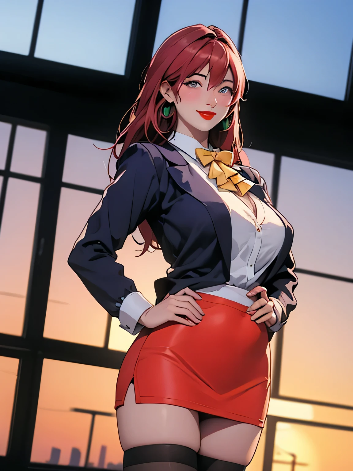(high quality:1.2), intricate detailed, digital art, TakashiroHiroko, 1girl, mature female, solo, hand on hip, holding book, cowboy shot, looking at viewer, smile, blush, purple eyes, long hair, red hair, earrings, jewelry, teacher, blouse, bowtie, blazer, pencil skirt, thighhighs, curvy, large breasts, school, window, sky, sunlight, city, complex background, sunset,((beside, silhouette, red lipstick, side perspective))