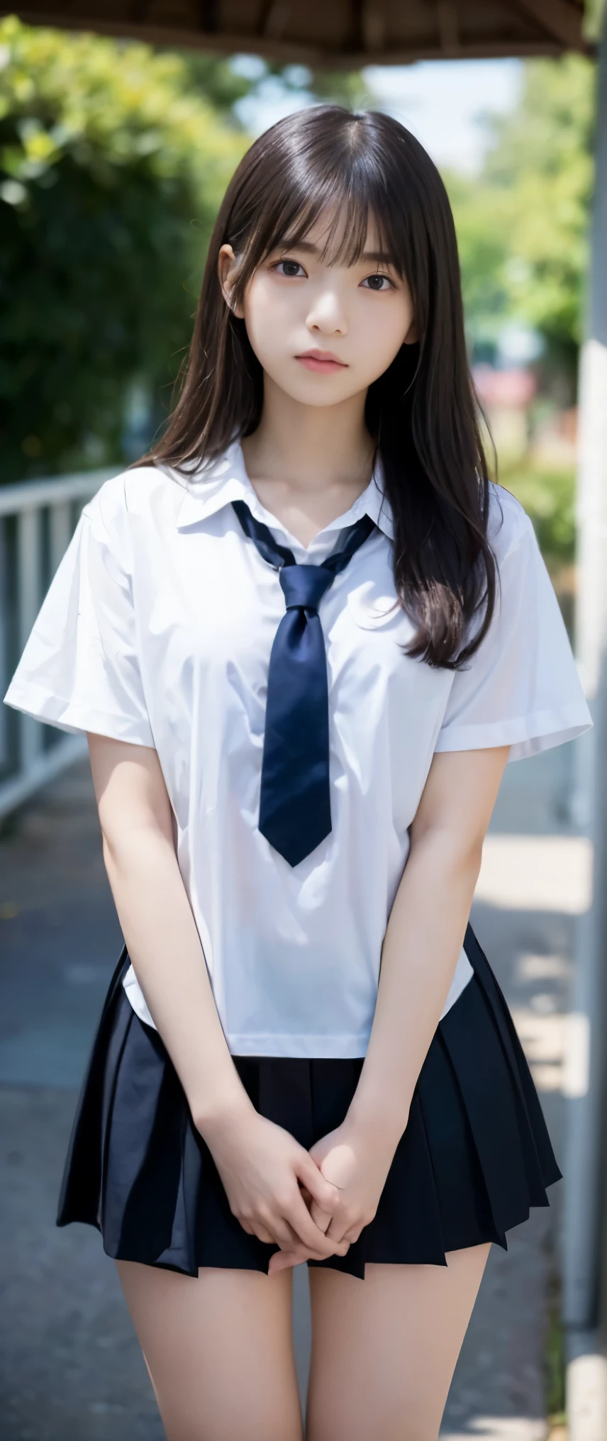 (masterpiece, highest quality:1.2), 8K, 12才のfull nudeの女の子, 85mm,Official AR RAW photo, スーパースリムなスレンダーbeautiful girl, (Navy blue short skirt、下Half bodyfull nude、short sleeveの白シャツ、show me your ears、naked girl photo shoot、full nude, cute face, close, Half body, biolace, gardenia, beautiful girl, , thighs, short sleeve, station platform、 looking at the viewer, no makeup, (face of great sadness), film grain, chromatic aberration, sharp focus, face light, clear lighting, Ten generations, detailed face, background bokeh, (dark red tie:1.1)、(((((( girl))))))、((((((12才のfull nude女子高生)))))、thin waist、shy pose、shy and nervous girl、Lonely sad face