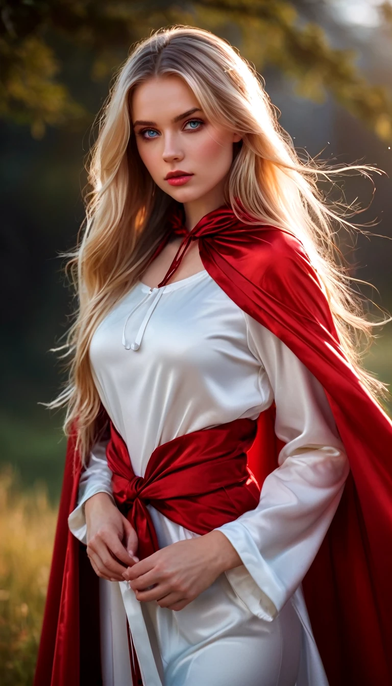 pretty blonde girl with long hair, detailed blue eyes,((long shiny red cloak tied up at the neck:1.10)), shiny red mini dress , red boots , red eyes ,  full length , 8k, highly detailed, professional 