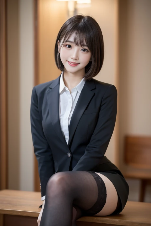 table top, highest quality, shape, Super detailed, finely, High resolution, 8k wallpaper,short hair、 完璧なダイナミックな構shape, beautiful and detailed eyes, suit,natural color lip, smile、18 year old girl,wearing black tights、thin thighs、shortcut、Torn tights、unbutton