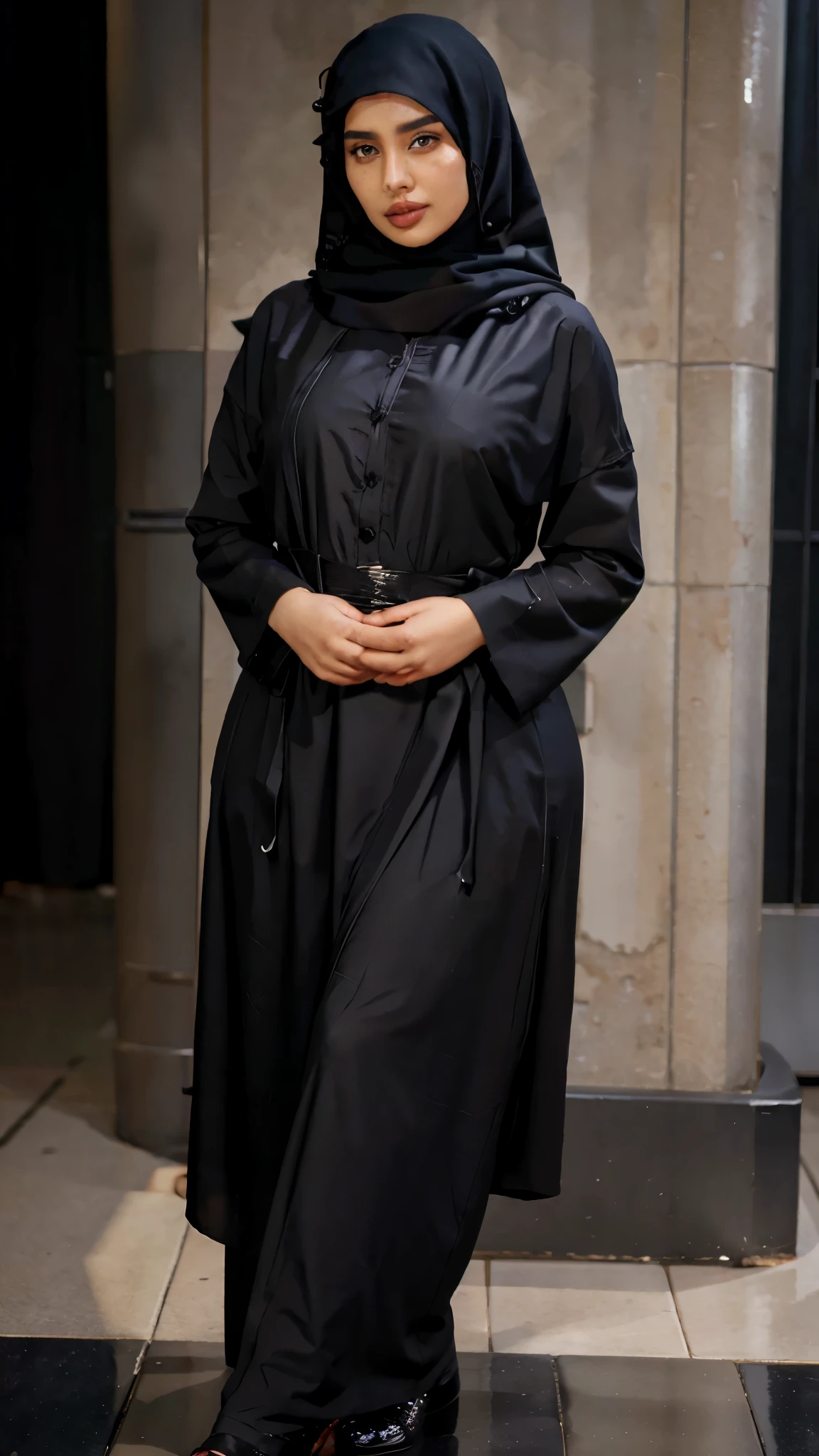 A beautiful girl wearing black hijab in rainy day, full body, with abaya, full detail, realistic
