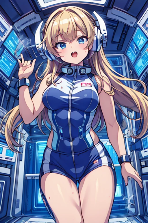 top-quality,Top image quality,in 8K,4K,​masterpiece,ultra-detailliert,Beautiful,ultra-quality, best quality,high resolution, ultra-detailed,game cg,dutch angle,(acrobatic pose):5,jumping:5,(inside spacestation,)beautiful detailed eyes,five fingers,headphone,nsfw,a beauty girl,(astrovest):5,(track uniforms),wet,(steam:1.5),Running form,open open mouth,(blonde hair),(long hair):2,Navel,space_station_interior, exercise_room, futuristic, high_technology, zero_gravity_exercise_equipment, high_resolution_landscape, sleek_design, minimalistic, 8K_resolution, game_cg_style, Dutch_angle, detailed_character, track_uniform, perfect_running_form, intense_expression, detailed_eyes, determination, steam:1.5, beauty, strength, five_fingers, visible_navel, open_mouth, ultra_quality, high_resolution, ultra_detailed,astrovest