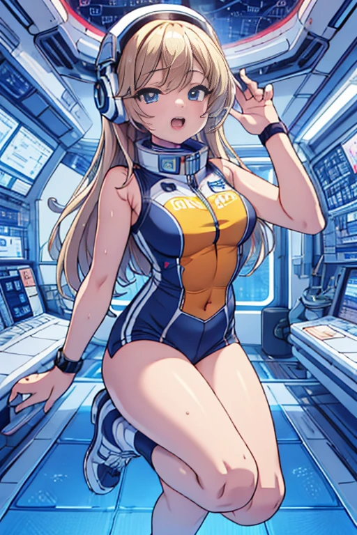 top-quality,Top image quality,in 8K,4K,​masterpiece,ultra-detailliert,Beautiful,ultra-quality, best quality,high resolution, ultra-detailed,game cg,dutch angle,(acrobatic pose):5,jumping:5,(inside spacestation,)beautiful detailed eyes,five fingers,headphone,nsfw,a beauty girl,(astrovest):5,(track uniforms),wet,(steam:1.5),Running form,open open mouth,(blonde hair),(long hair):2,Navel,space_station_interior, exercise_room, futuristic, high_technology, zero_gravity_exercise_equipment, high_resolution_landscape, sleek_design, minimalistic, 8K_resolution, game_cg_style, Dutch_angle, detailed_character, track_uniform, perfect_running_form, intense_expression, detailed_eyes, determination, steam:1.5, beauty, strength, five_fingers, visible_navel, open_mouth, ultra_quality, high_resolution, ultra_detailed,astrovest