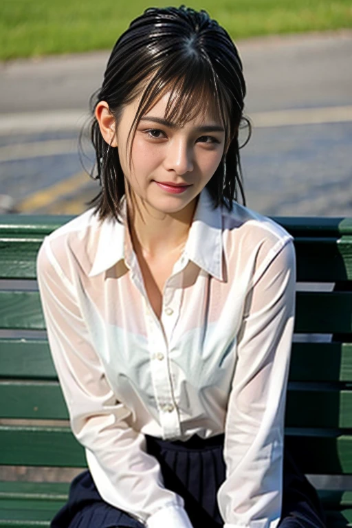 ((1 female: 1.5)), (anatomically correct proportions), (sexy proportions), ((Attractive poses for men)), detailed face, fine hair, fine skin, (( small face: 1.2)), (no makeup), ((short torso: 1.2)), thin waist, (small ass), ((1 screen)), (8K), RAW shooting, highest quality, ((masterpiece)), realistic pictures, above the knee shot, (Cute face like a Japanese idol), 18 year old girl, ((Heavy rain day: 1.8) ), ((High school girl sitting on a bench in schoolyard crying: 1.8 )), (((look away from the camera))), (((Looking down and crying: 1.8))), (((Tears flow from the eyes: 1.5))), (The collared blouse is white: 1.2), (((Rain Blouse: 1.8))), ((Comes with a sheer, stretchy blouse: 1.5)), ((not wearing a bra: 1.5)), (Loosely tied uniform ribbon: 1.5), ((shadow of nipple: 1.8)), (((Skirt wet: 1.5))), ((wet hair: 1.5)), ((wet bangs: 1.5)), sad expression