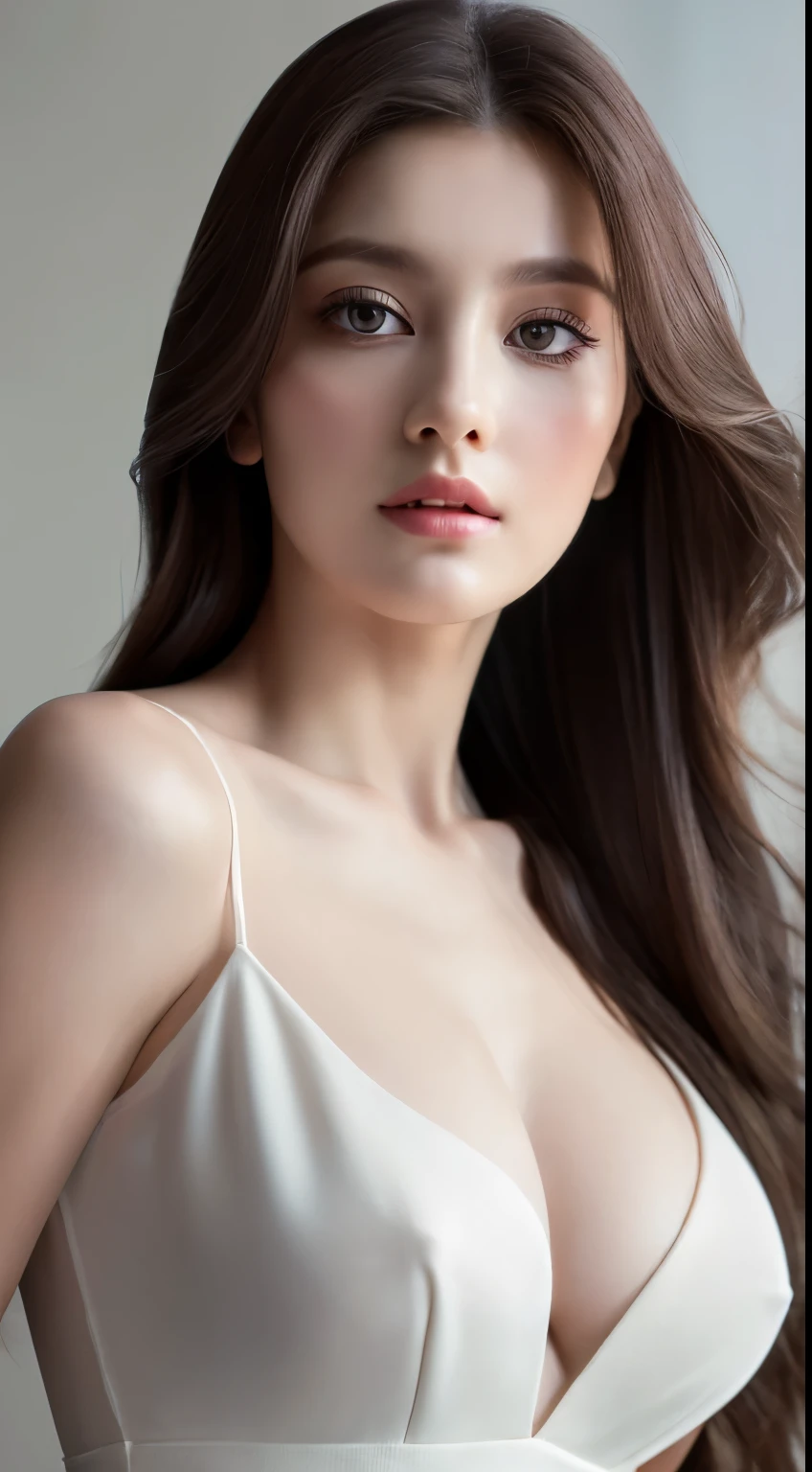 (highest quality,4k,8K,High resolution,masterpiece:1.2),Super detailed,(realistic,realistic,realistic:1.37),Slow Sports,woman,flowing long hair,Off-white iris,Vacant Gaze,plump pink lips,White flowers bloom at the tip of my hair,elegant,medium shot,black dress.delicate long legs,big breasts,cleavage
