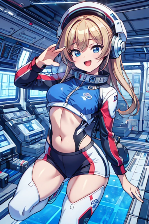 top-quality,Top image quality,in 8K,4K,masterpiece,ultra-detailliert,Beautiful,ultra-quality, best quality,high resolution, ultra-detailed,game cg,dutch angle,(acrobatic pose):5,jumping:5,(inside spacestation,)beautiful detailed eyes,five fingers,headphone,nsfw,a beauty girl,(astrovest):5,(track uniforms),wet,(steam:1.5),Running form,open open mouth,(blonde hair),(long hair):2,Navel,space_station_interior, exercise_room, futuristic, high_technology, zero_gravity_exercise_equipment, high_resolution_landscape, sleek_design, minimalistic, 8K_resolution, game_cg_style, Dutch_angle, detailed_character, track_uniform, perfect_running_form, intense_expression, detailed_eyes, determination, steam:1.5, beauty, strength, five_fingers, visible_navel, open_mouth, ultra_quality, high_resolution, ultra_detailed,astrovest