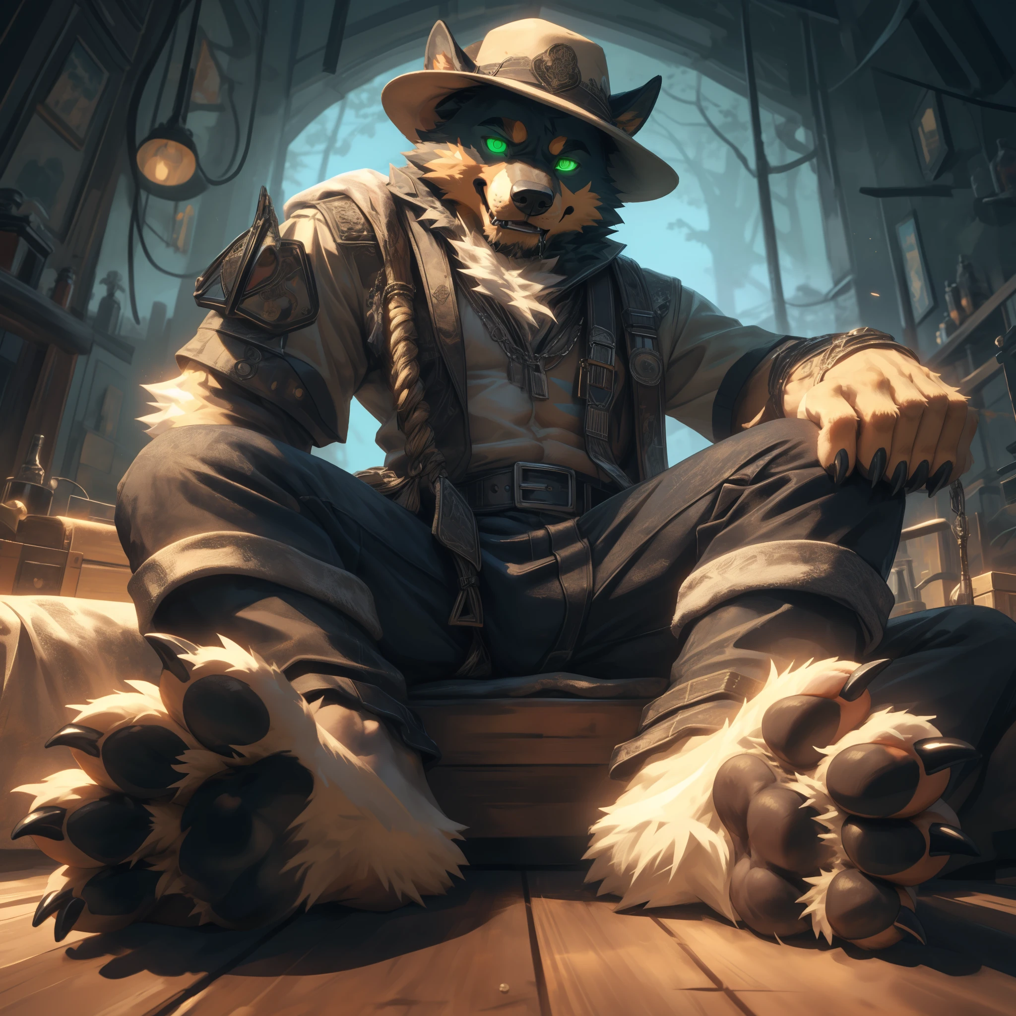 (((Barefoot furry character, full body, cinematic setting, furry male))) (((Lumberjack))), rottweiler, black fur, plantigrade, wearing spats on feet, ((hypnotised)), ((green glowing eyes)), (drooling), sitting in the woods, natural light, forest background, nice detailed feet paws, in pleasure state, hard penis exposed, playing with penis. BREAK, detailed background, 8K, (masterpiece:1.5), intricate details, highly detailed, extreme detail, octane render, fine art, best quality, highres, (detailed face:1.5), ((full_body)), UHD, (((perfect hands)))