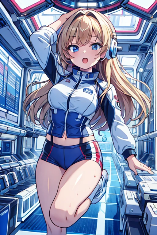 top-quality,Top image quality,in 8K,4K,masterpiece,ultra-detailliert,Beautiful,ultra-quality, best quality,high resolution, ultra-detailed,game cg,dutch angle,(acrobatic pose):5,jumping:5,(inside spacestation,)beautiful detailed eyes,five fingers,headphone,nsfw,a beauty girl,(astrovest):5,(track uniforms),wet,(steam:1.5),Running form,open open mouth,(blonde hair),(long hair):2,Navel,space_station_interior, exercise_room, futuristic, high_technology, zero_gravity_exercise_equipment, high_resolution_landscape, sleek_design, minimalistic, 8K_resolution, game_cg_style, Dutch_angle, detailed_character, track_uniform, perfect_running_form, intense_expression, detailed_eyes, determination, steam:1.5, beauty, strength, five_fingers, visible_navel, open_mouth, ultra_quality, high_resolution, ultra_detailed,astrovest