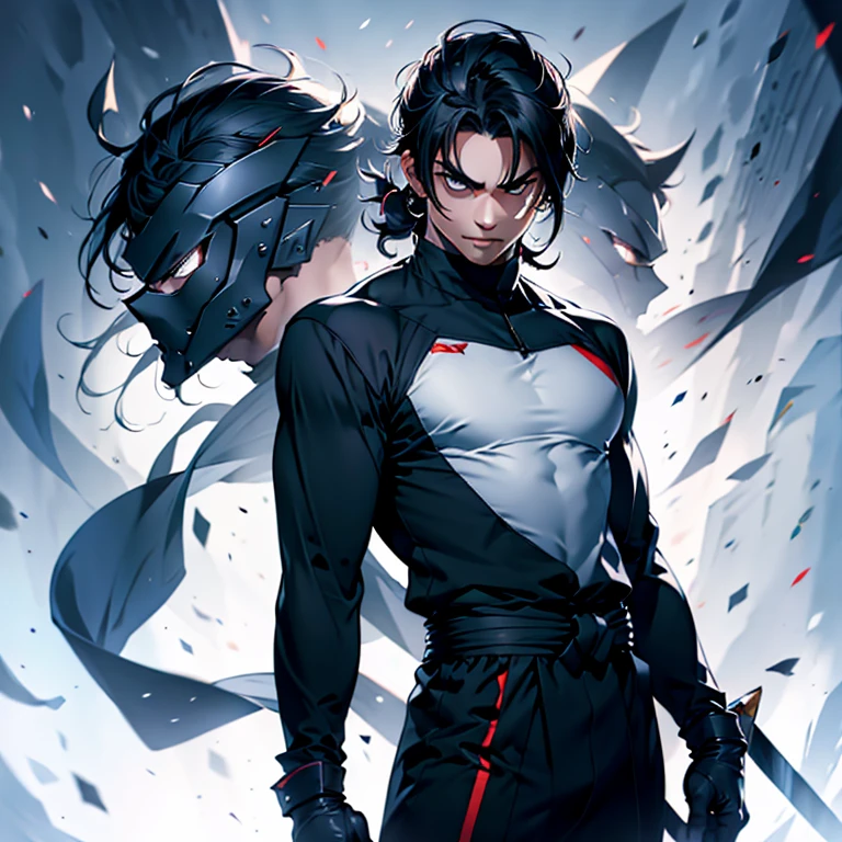 Man black hair, black eyes, White war suit, black gloves and light sword