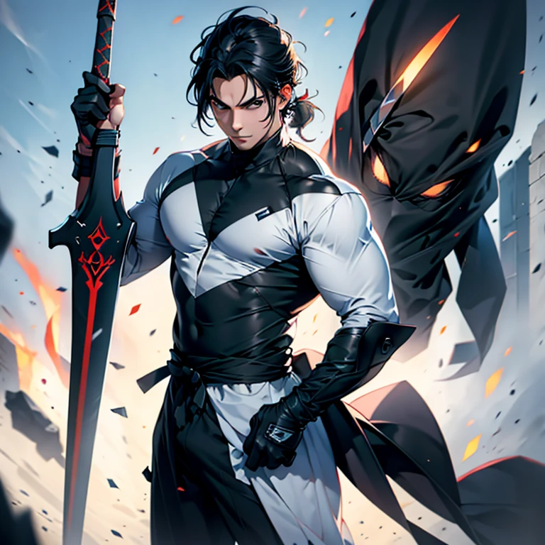 Man black hair, black eyes, White war suit, black gloves and light sword