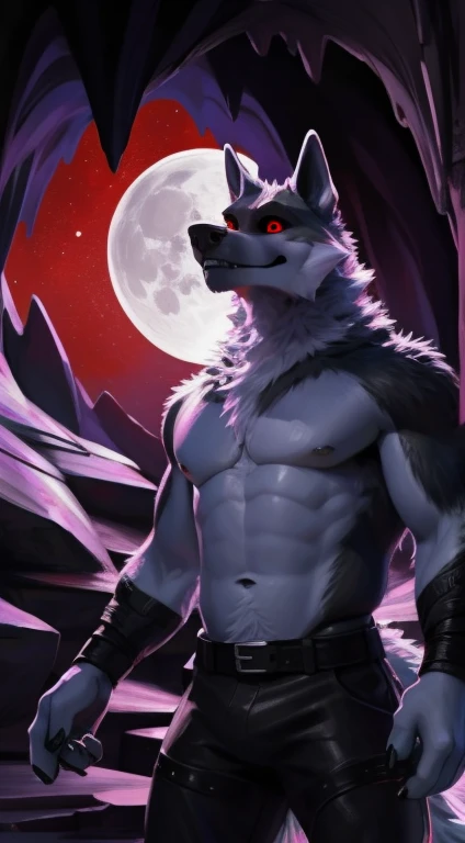 death wolf, 1 boy, alone, colored sclera, red eyes, blank stare, furry, white fur, wearing pants, exposed chest, with black bowler hat with a red robotic eye, on head, den, broad shoulder, aged, standing firm, nothing, 8K HD, extreme detail, detailed background, Dark cave, Red sky, big bright moon, by Pino Daeni, (by Ruadri), by virtyalfobo