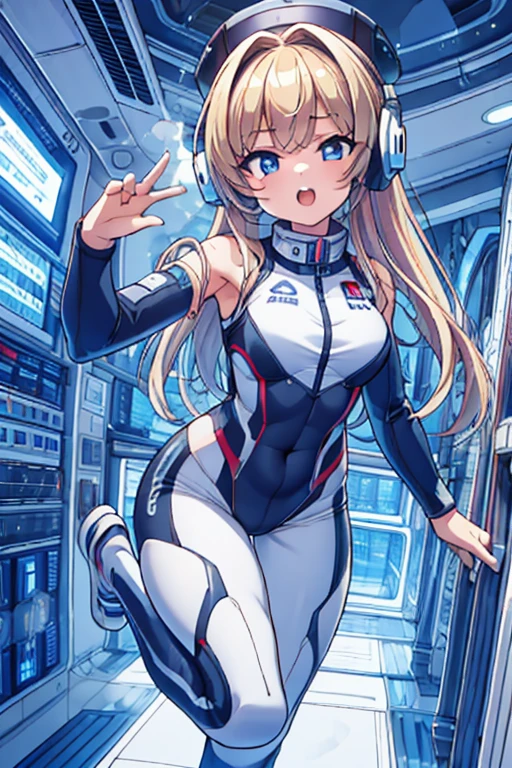 top-quality,Top image quality,in 8K,4K,​masterpiece,ultra-detailliert,Beautiful,ultra-quality, best quality,high resolution, ultra-detailed,game cg,dutch angle,(acrobatic pose):5,jumping:5,(inside spacestation,)beautiful detailed eyes,five fingers,headphone,nsfw,a beauty girl,(astrovest):5,(track uniforms),wet,(steam:1.5),Running form,open open mouth,(blonde hair),(long hair):2,Navel,space_station_interior, exercise_room, futuristic, high_technology, zero_gravity_exercise_equipment, high_resolution_landscape, sleek_design, minimalistic, 8K_resolution, game_cg_style, Dutch_angle, detailed_character, track_uniform, perfect_running_form, intense_expression, detailed_eyes, determination, steam:1.5, beauty, strength, five_fingers, visible_navel, open_mouth, ultra_quality, high_resolution, ultra_detailed,astrovest