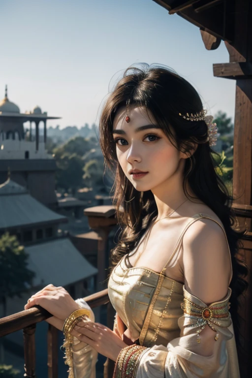 Beautiful young princess wearing indian dress in a detailed palace background (8K,highest quality,master piece:1.2),(realistically,realistically,realistic:1.37),2 girls,hyper detail,Beautiful detailed eyes Beautiful detailed nose,Completely naked,Highlights,((stand up)),roof,handrail,Small town,pylons,utility pole,plant,Front lens
