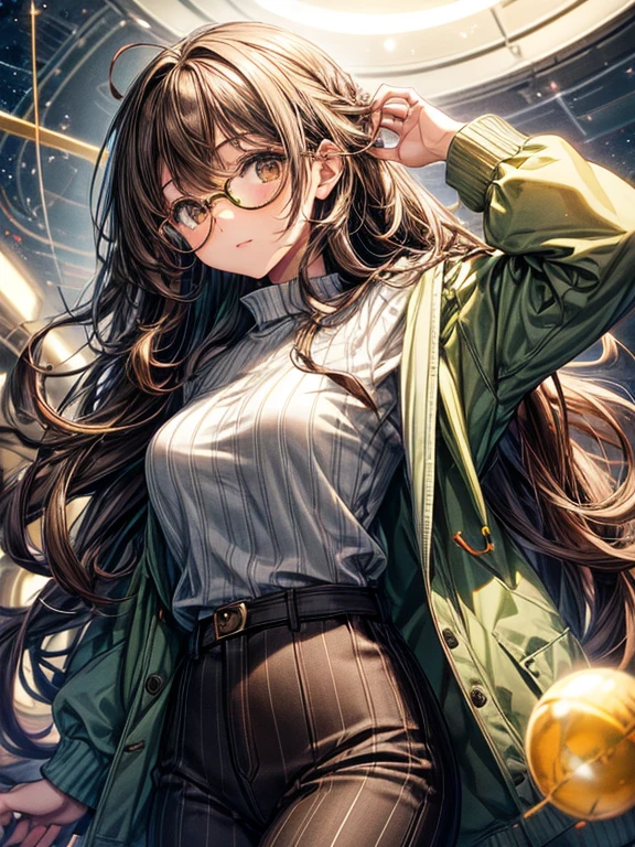 Girl with long brown curly hair, brown eyes, wearing gold circular glasses, a green and gray striped (horizontal stripes) shirt, black pants, (floating in space)
