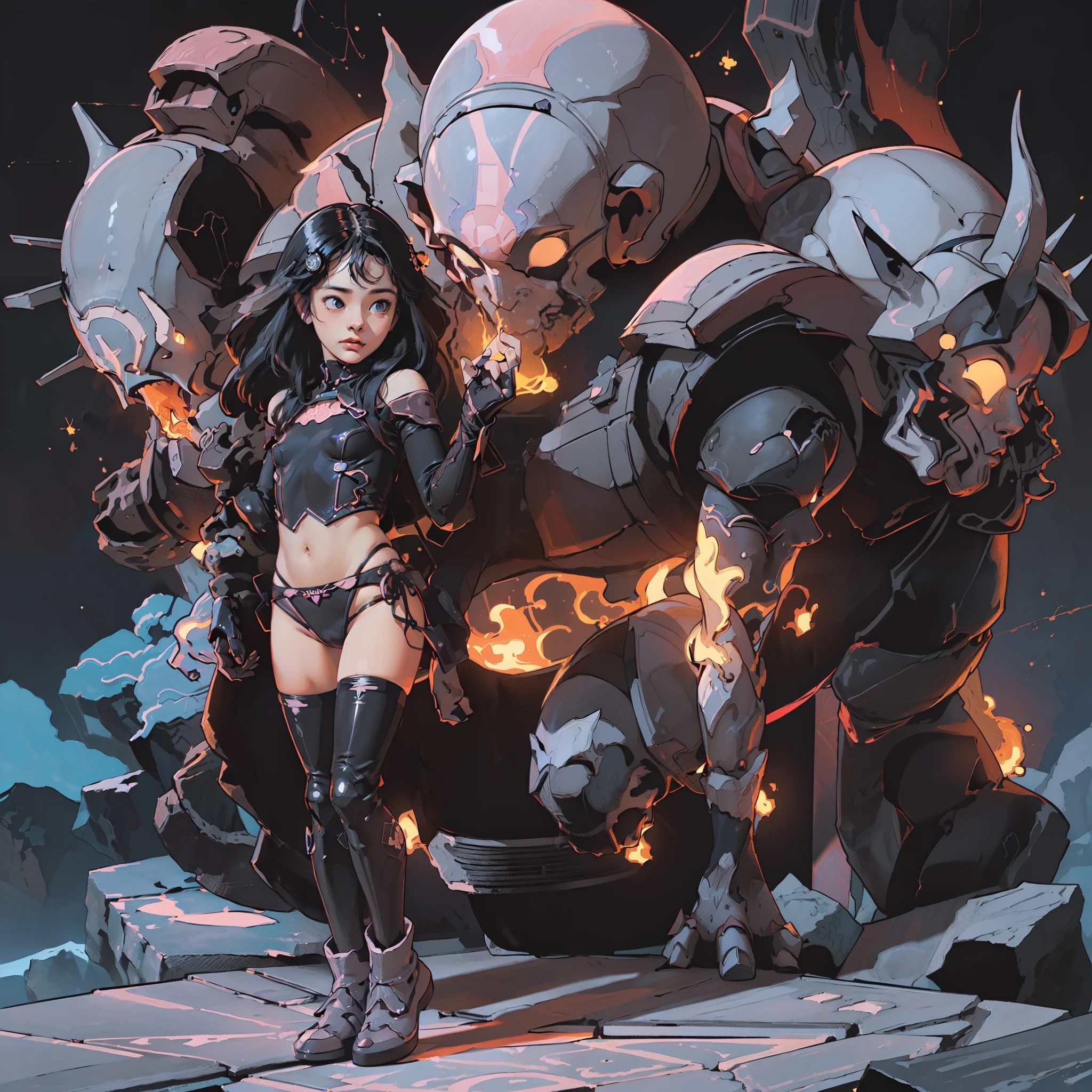 ((Create Odin girl 16+), (facing the viewer, standing close-up, full height), (smoke, fire), (thin graceful body, facing the viewer), (dynamic pose), (standing with legs wide apart) , (sexy), (delicate scarlet lips), (straight, black long hair), (small thong, short T-shirt, bare shoulders), (narrow hips, beautiful breasts))_((Artistic Stylization), (fantastic film- comic), (soft oil painting, digital painting), (elegant line, clear outline, high-quality drawing, shading))_((Simple color palettes), (color richness, saturation, harmony, balance), (background - dark, cold tones), (fantasy-horror, - cyberpunk, deep space, spaceship))_((Sexy, erotic), (hands in elbow pads, palms wearing tactical gloves), (bare thighs, thongs, bare belly-navel, minimal clothing ), (legs in combat knee pads, thigh-high stockings - sexy), (massive leather lace-up boots), (space design, dramatic scene, combat situation))_((Background, fantastic ship lock, (films; Lucas Arts, R.Sh. Giger "Alien", Giger's monsters, space monsters), (a stunning scene in a spaceship - "Alien" monsters), (warm contrasting light, cold shadows))_ ((Cinematic masterpiece, highest quality), (contrasting shadows, clear, bright light), (warm range of colors, contrasting light with cold shadows))_((Cinematic animation, ), (soft clear shapes, wide strokes, attention to detail), (16K | Ultra HD | Full HD)).