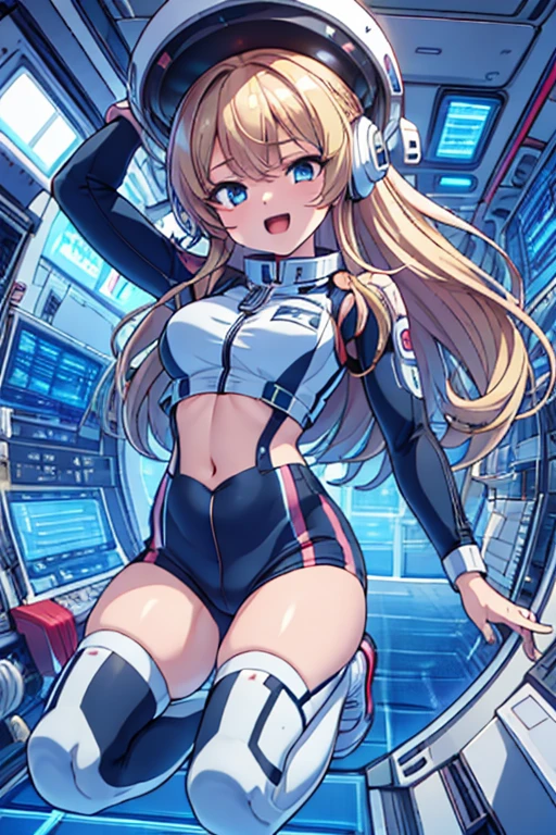 top-quality,Top image quality,in 8K,4K,masterpiece,ultra-detailliert,Beautiful,ultra-quality, best quality,high resolution, ultra-detailed,game cg,dutch angle,(acrobatic pose):5,jumping:5,(inside spacestation,)beautiful detailed eyes,five fingers,headphone,nsfw,a beauty girl,(astrovest):5,(track uniforms),wet,(steam:1.5),Running form,open open mouth,(blonde hair),(long hair):2,Navel,space_station_interior, exercise_room, futuristic, high_technology, zero_gravity_exercise_equipment, high_resolution_landscape, sleek_design, minimalistic, 8K_resolution, game_cg_style, Dutch_angle, detailed_character, track_uniform, perfect_running_form, intense_expression, detailed_eyes, determination, steam:1.5, beauty, strength, five_fingers, visible_navel, open_mouth, ultra_quality, high_resolution, ultra_detailed,astrovest