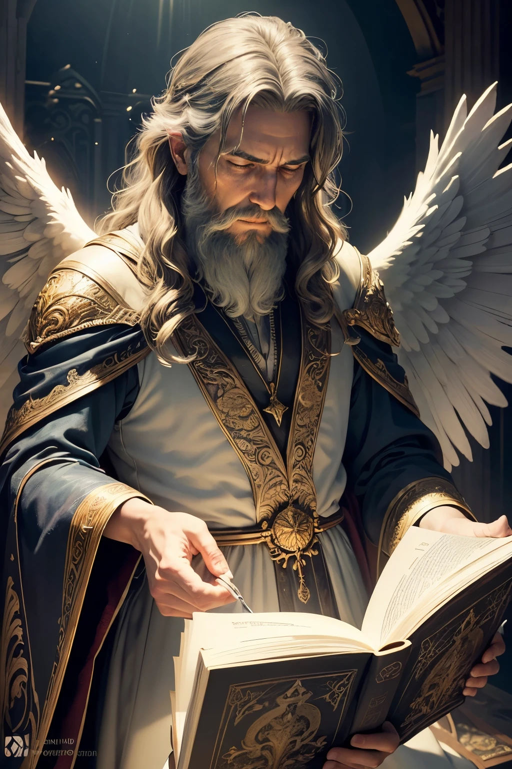 ((Best quality)), ((masterpiece)), ((realistic cartoon)), ((perfect character)):
In this stunning and highly detailed realistic cartoon, we present a high level male angel reading scripture with passion to the crowd. The angel stands tall, clad in intricate and angelic wings in his back, complete with flowing garments and ornate patterns. His face is adorned with a long, white beard, adding to his wise and aged appearance.
The angel channels the power of faith, conjuring dazzling rays and ethereal energies. The scene is set in a thematically rich environment, filled with magical artifacts, ancient tomes, and mystical symbols that enhance the ambiance. The lighting, crafted with a cinematic touch, casts a spellbinding glow, emphasizing the magical aura surrounding the angel.
Every element of this masterpiece is carefully designed to create a sense of realism and immersion. The intricacies of the angel clothing, the mesmerizing effects of his conjurations, and the level of detail in his weathered face all contribute to a captivating visual experience. This artwork is presented in stunning UHD resolution, allowing you to appreciate every nuance and intricacy in breathtaking detail.
Eye level, scenic, masterpiece,mtg art,magic the gathering art.