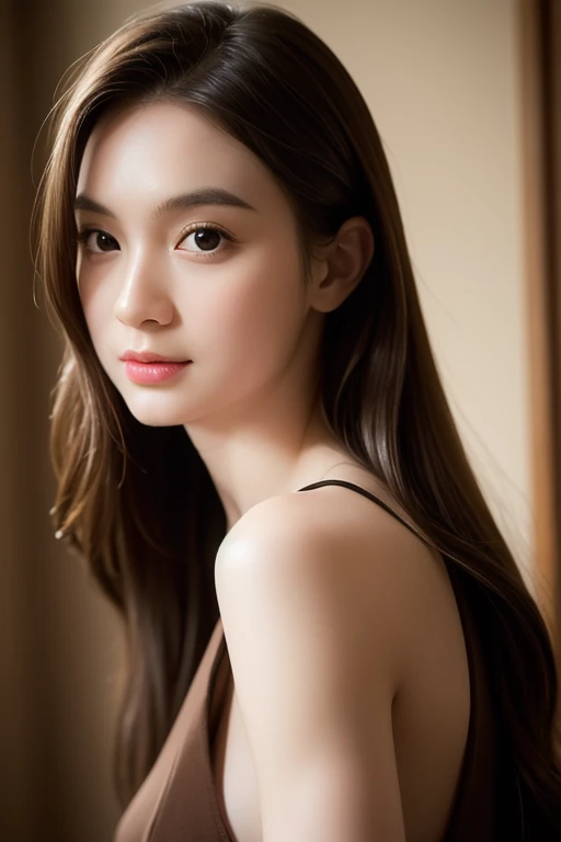 20 years old, long brown hair, slender body, perfect medium breast, masterpiece, best quality, high resolution:1.4), 1girl, purity, skin pores texture, HD , Photography, movie, cinematic, Realistic, (8k, RAW photo, best quality, masterpiece:1.2), (realistic, photo-realistic:1.33), best quality, natural lighting, depth of field, pale skin, sharp, detailed, staring at camera, innocent, chapped lips, soft natural lighting, magical photography, dramatic lighting, photo realism, ultra-detailed, Leica 50mm, Seductive pose, Seductive Look, Intimate pov, point of view,