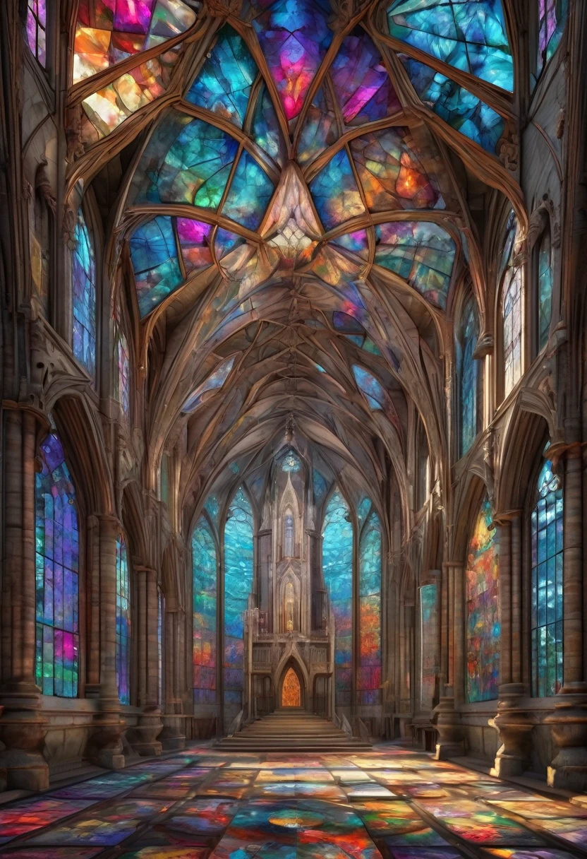 giant geometric shape, Epic stained glass window of a church Colorful glithering beautiful gothic fractal geometry on mandala, Hyperdetailed by Arthur Rackham, intricate details, textured, volumetric, vivid, Antoine Blanchard, vibrant colours, beautiful lighting, perfect composition: detailed matte painting, deep color, fantastical, intricate detail, splash screen, complementary colors, fantasy concept art, 8k resolution trending on Artstation Unreal Engine 5 . masterpiece, best quality, very aesthetic, absurdres, otclillsn