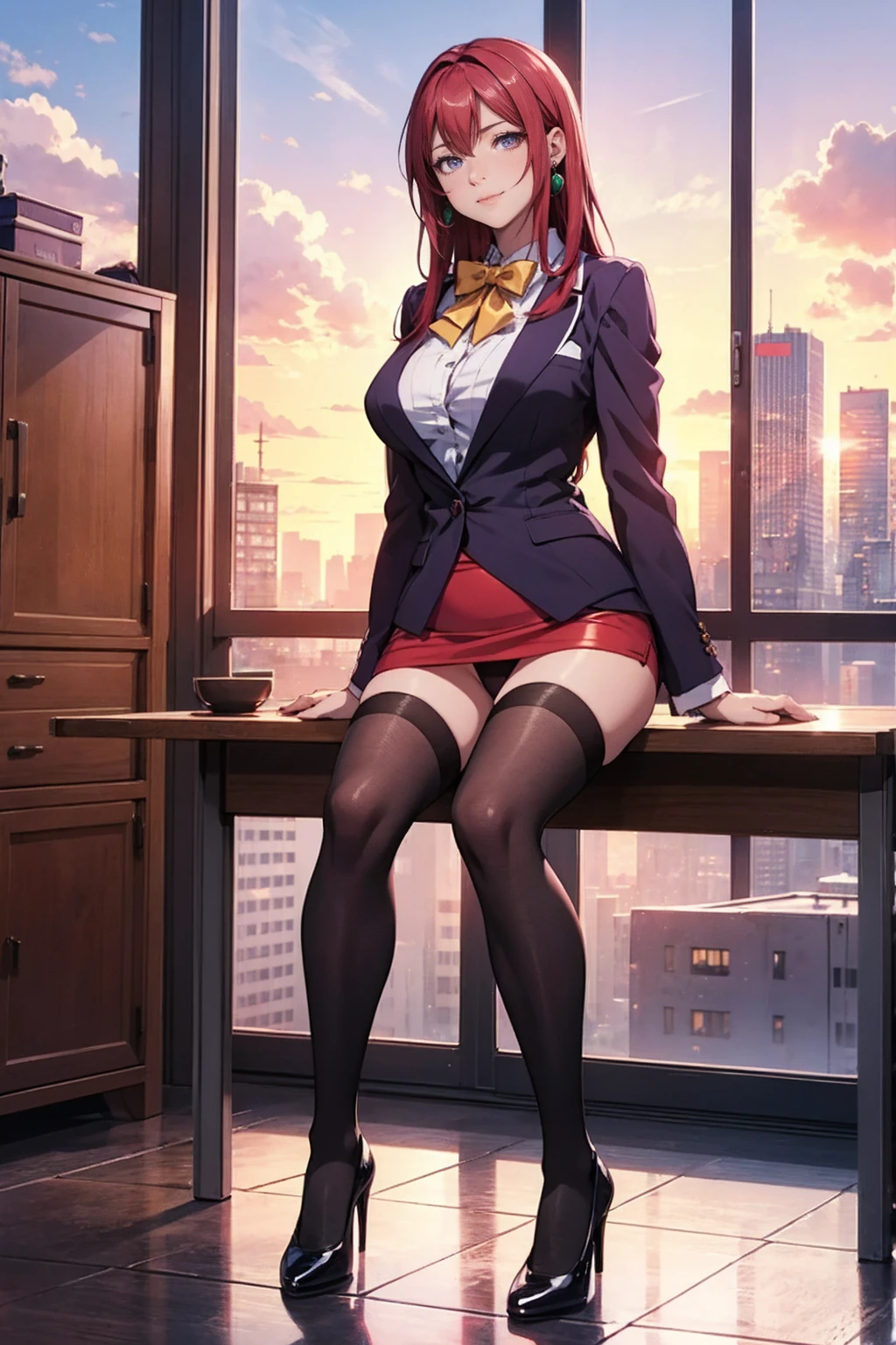 (Ilustration high quality:1.2), anime, TakashiroHiroko, 1girl, mature female, solo, sitting on table, spread legs, full body, looking at viewer, blush, smirk, purple eyes, long hair, red hair, earrings, jewelry, teacher, blouse, bowtie, blazer, pencil skirt, thighhighs, high heels, curvy, large breasts, purple panties, lace panties, school, window, sky, sunlight, city, complex background, sunset,