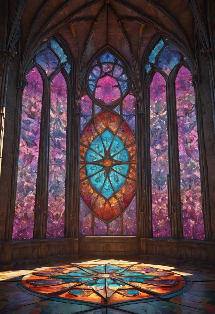 giant geometric shape, Epic stained glass window of a church Colorful glithering beautiful gothic fractal geometry on mandala, Hyperdetailed by Arthur Rackham, intricate details, textured, volumetric, vivid, Antoine Blanchard, vibrant colours, beautiful lighting, perfect composition: detailed matte painting, deep color, fantastical, intricate detail, splash screen, complementary colors, fantasy concept art, 8k resolution trending on Artstation Unreal Engine 5 . masterpiece, best quality, very aesthetic, absurdres, otclillsn