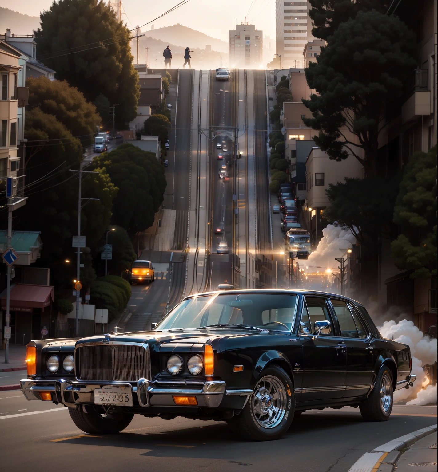 In the foreground, a gleaming, exhibition-quality Ford Lincoln catches the light, its chrome sparkling. Behind it, the iconic San Francisco streets rise steeply, with the unmistakable silhouette of a brightly colored cable car clinging to the tracks high above.