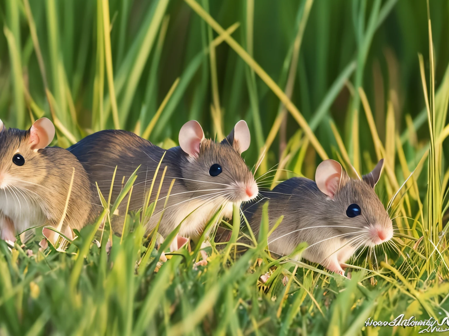 mice in the tall grass in the early morning sun.