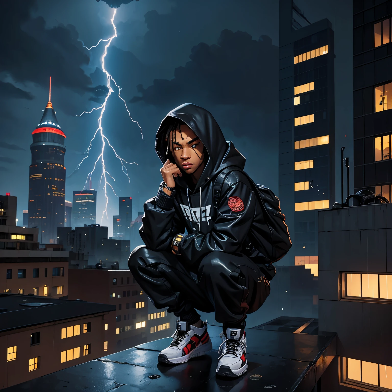 Lightskin male with dreads hooded cyberpunk hacker, wearing Air Force ones and hi-tech backpack, crouching on high rooftop overlooking the streets of Cleveland, in heavy rain and lightning, at night