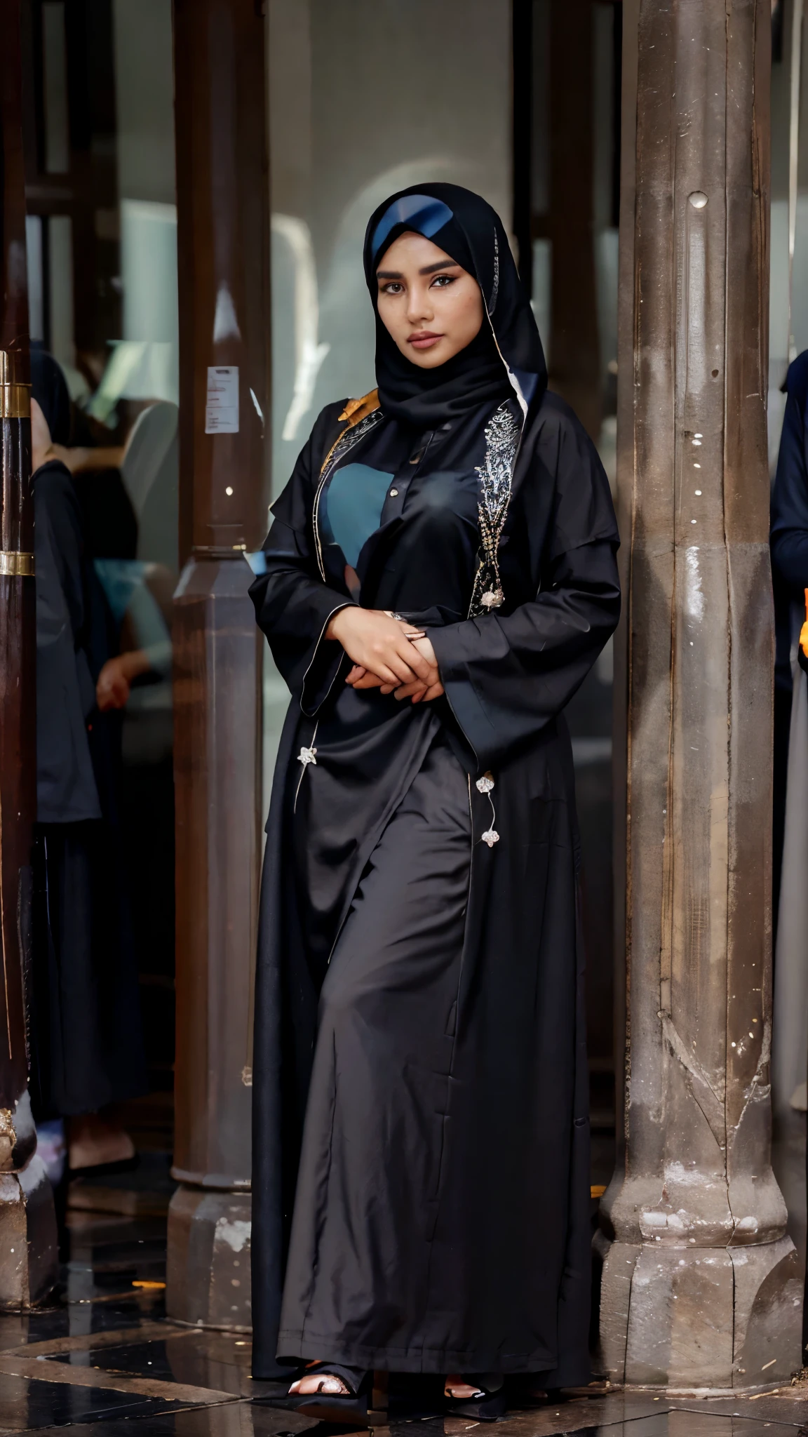 A beautiful girl wearing black hijab in rainy day, full body, with abaya, full detail, realistic
