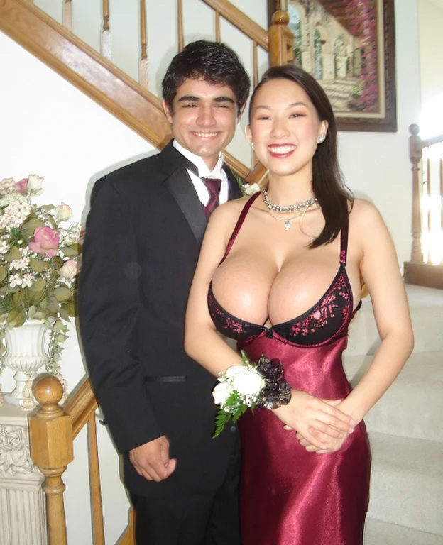 Dslr photo, (8k, 4k, masterpiece), beautiful pretty asian woman, standing with prom date, standing in front of stairs, full body view, standing, smiling, (huge breasts:1.1), camera flash, (natural breasts), (cleavage:1.2), dark red dress, corsage, shear straps, pearl necklace, front view
