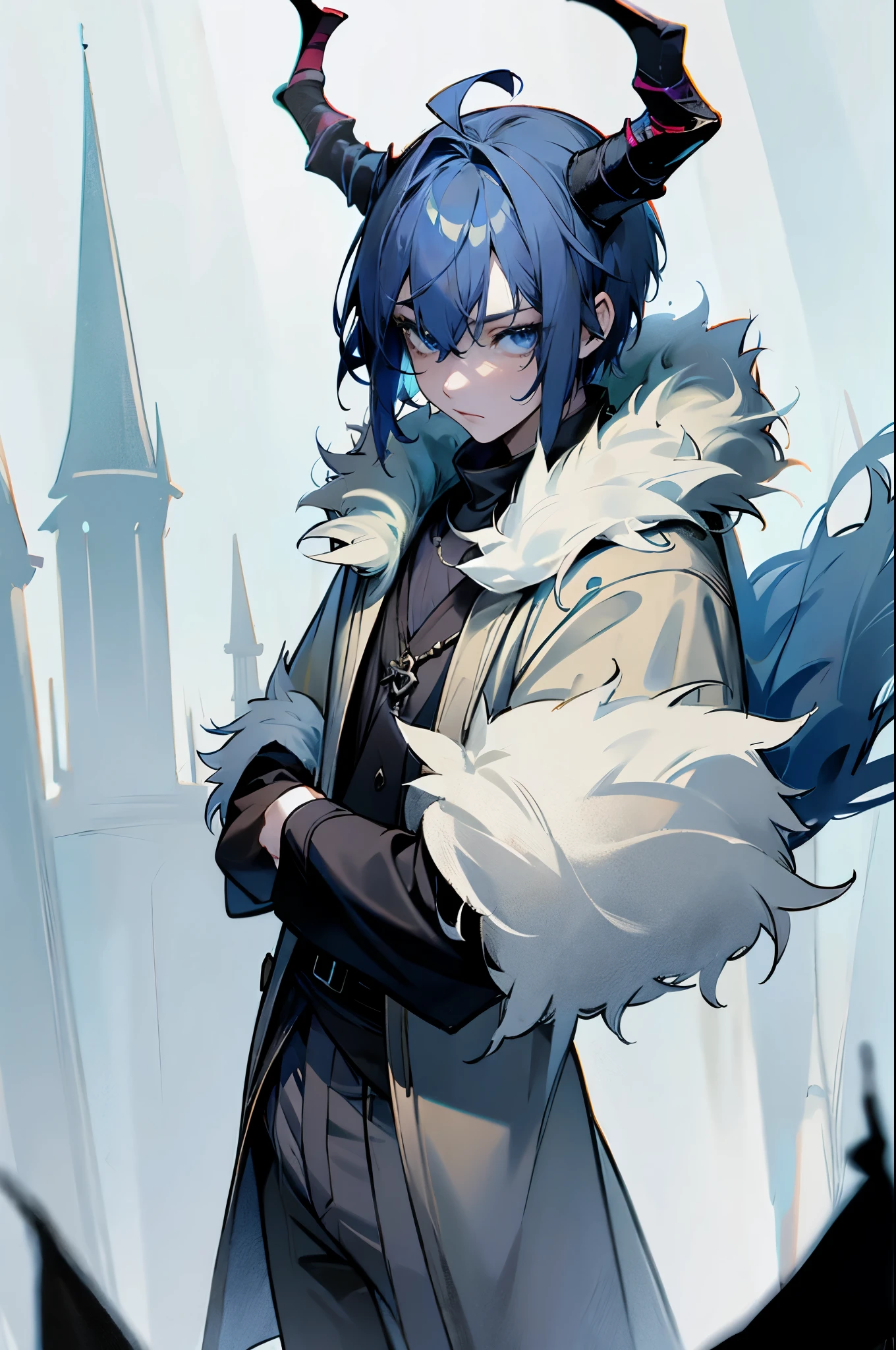 1male, Young Adult, Blue Eyes, Castle, Horns, Ash Colored Hair, Short Hair, Undercut Hair, Fantasy World, Fantasy Pants, Fur Coat With White Fur Trim, Black Tunic