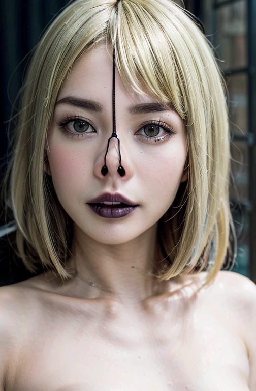 Fashion trendy beautiful and attractive woman, ,(Highest quality realistic textured skins:1.4), fine eyes, detailed face,, nose and mouth,face focus, Super close up of face gentle and charming Chinese beautiful woman, delicate and sexy clavicle, attractive oval face, single eyelid, red lips, big nose, bare shoulders, focus on face, close up of face, ultra high resolution, Super detailed, full body photo, Ultra thin and transparent, fresh and good,cinematic lighting,rim light,((Completely naked)),(((nsfw))),(((Eyelids close))),(((eyes close))),((silver hair color)),((((thin eyebrows)))),(((Eyebrow color is blonde))),((((thick lips)))),(((goth face)))