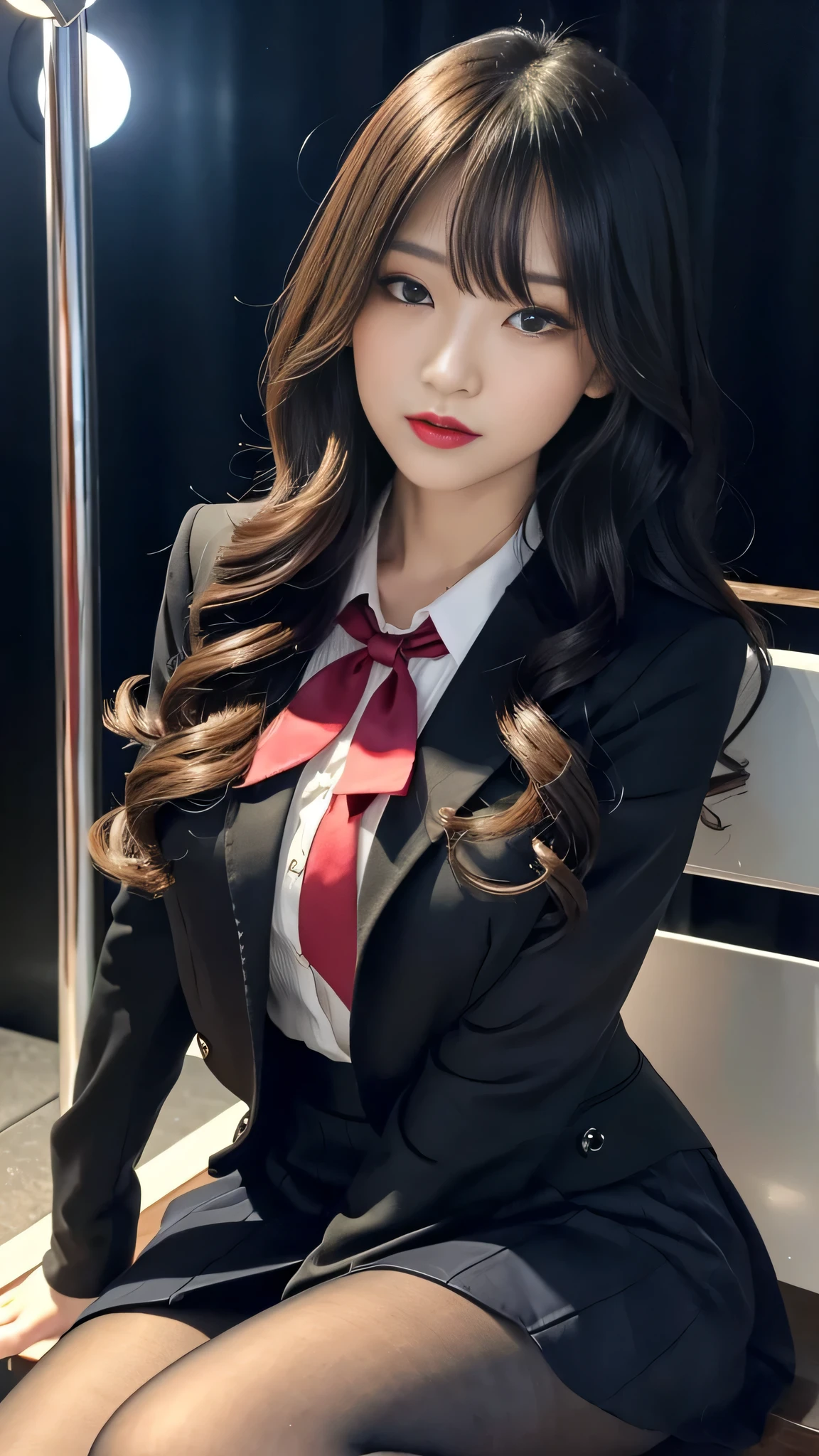 tra-detailed、2girls、Japanese、attractive beauty、seductive adult woman、pretty woman、piercing eyes、cool girl、wavy hair、swept bangs、suit、Jacket、blouse、ribbon、Tight Skirt、pantyhose、beautiful feet、Evil cadres、evil depravity、brainwash、mind control、lipstick、lip gloss、dark makeup、smirk、Whisper in my ear、Evil expression、evil、hollow eyes,half-closed eyes、empty eyes、evil、church at night、vampire、succubus、vampire、Swear allegiance、stand