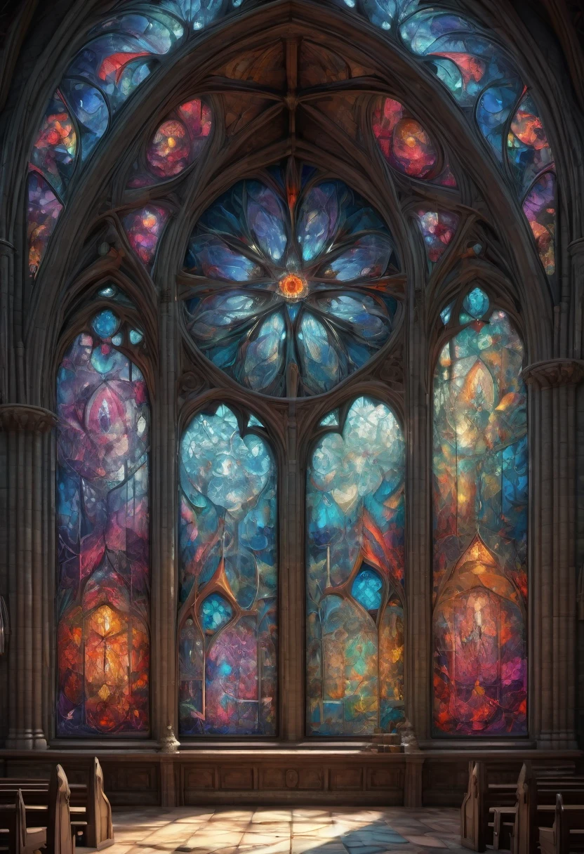 giant geometric shape, Epic stained glass window of a church Colorful glithering beautiful gothic fractal geometry on mandala, Hyperdetailed by Arthur Rackham, intricate details, textured, volumetric, vivid, Antoine Blanchard, vibrant colours, beautiful lighting, perfect composition: detailed matte painting, deep color, fantastical, intricate detail, splash screen, complementary colors, fantasy concept art, 8k resolution trending on Artstation Unreal Engine 5 . masterpiece, best quality, very aesthetic, absurdres, otclillsn