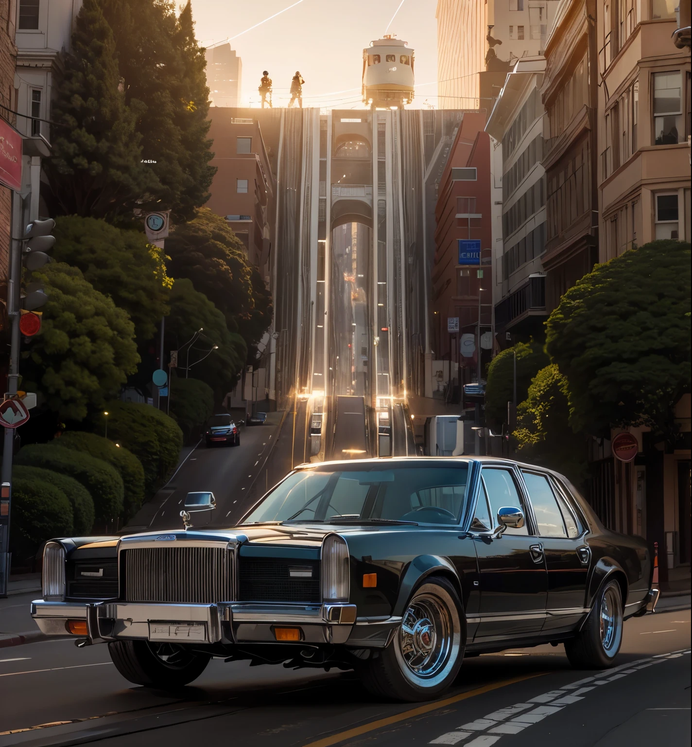 In the foreground, a gleaming, exhibition-quality Ford Lincoln catches the light, its chrome sparkling. Behind it, the iconic San Francisco streets rise steeply, with the unmistakable silhouette of a brightly colored cable car clinging to the tracks high above.