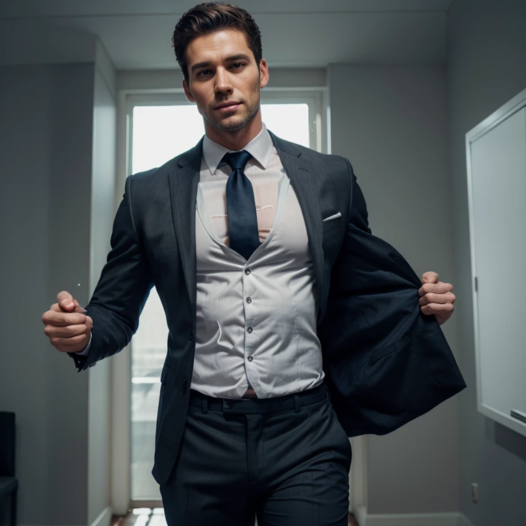 A realistic photo of a handsome man with an athletic body, he is wearing a slim-fit suit and sperm flowing out in his pants because he had just experienced sexual satisfaction