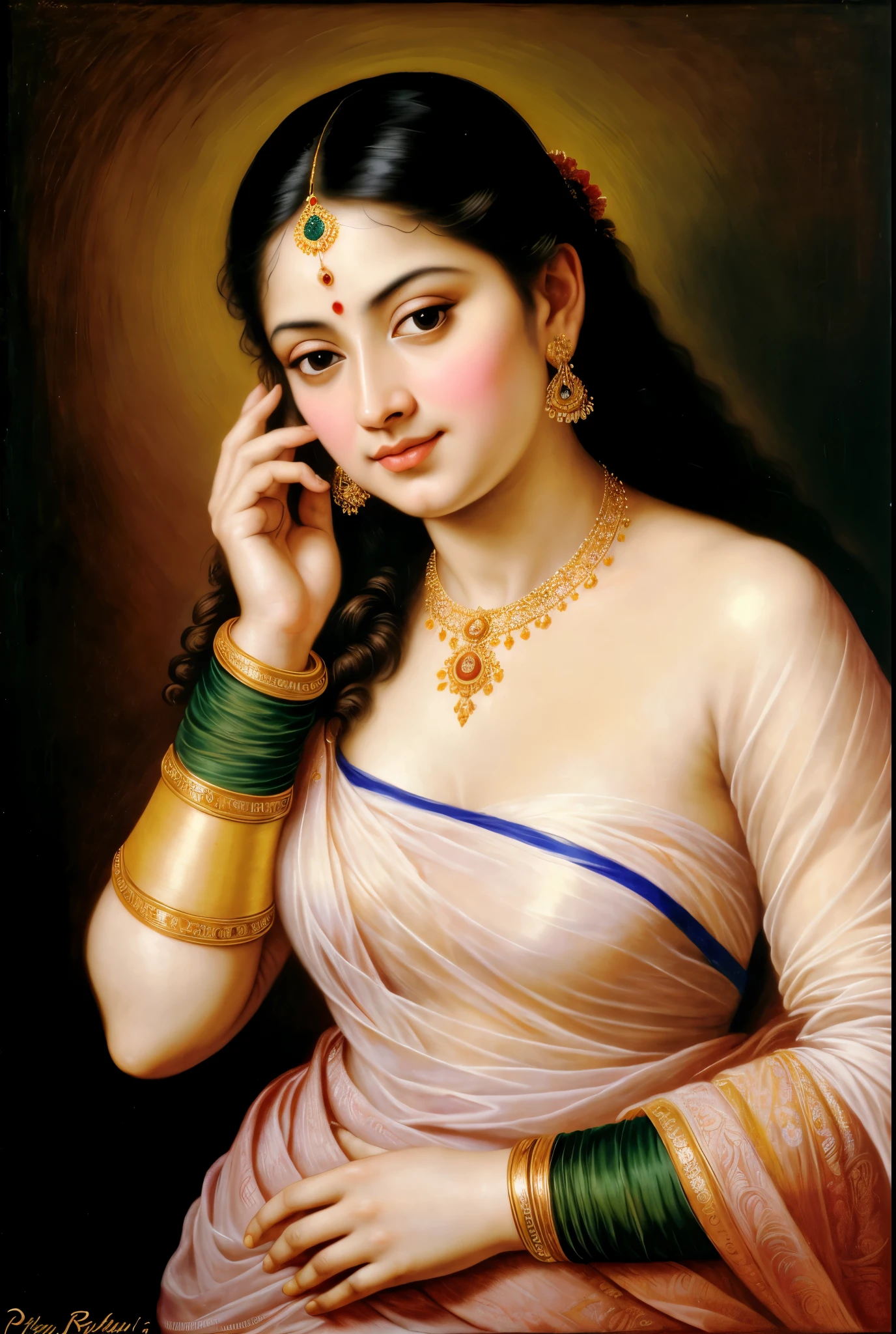 Beautiful Indian Woman, wearing saree, sari Beauty, gorgeous, Apsara, Maharani, royal queen woman, nymph from Hindu Mythology, Urvashi, matchless beauty, Highly detailed, Oil Painting by Peter Paul Rubens inspired by Raja Ravi Varma, Matchless beauty, captivating, gorgeous, heavenly beauty, celestial beauty, by Peter Paul Rubens, 1893, realistic, hyper realistic, micro details, incredible artwork, insane details, ultra High resolution, 8k, 32k, acrylic on canvas, intricate, flawless, detailed, detailed face, detailed eyes, masterpiece, by Peter Paul Rubens, by Caravaggio, by William Adolphe bouguereau, perfect face, perfect body, beautiful art, realism, baroque, renaissance Art, highly textured, beautiful and detailed eyes, uhd, best quality,