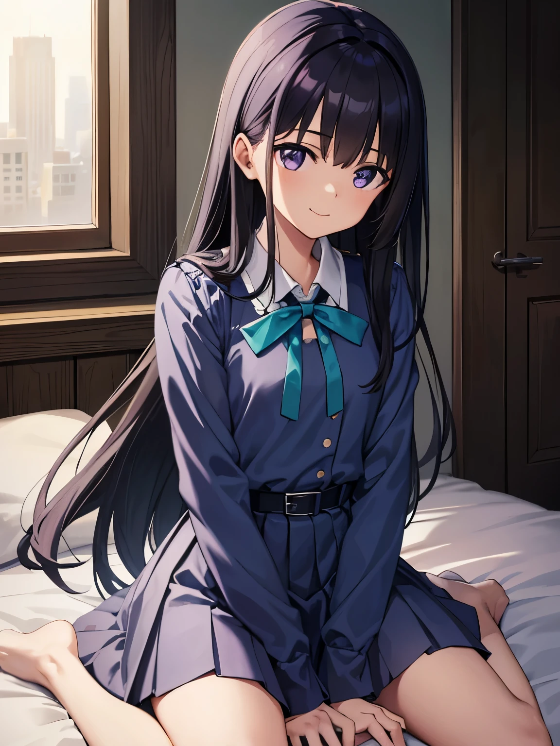 takinainoue, Inoue Takina, Long hair,(((low twin tales))), bangs, Black hair, (Purple eyes:1.2), BREAK shirt, Long sleeves, dress, ribbon, , White shirt, Collared shirt, belt, Neck ribbon, Blue dress, Green Ribbon, Pleated dress, grey dress, Two-tone dresses, Blue belt, Lycoris Uniform, BREAK outdoors, City, Break (Masterpiece:1.2), Best quality, high resolution, Unity 8k wallpaper, (illustration:0.8), (Beautiful detailed eyes:1.6), Extremely detailed face, Perfect lighting, Extremely detailed CG, (Perfect hands, Perfect anatomy),BREAK (sitting,wariza,twintale,bedroom),smile, A teenage girl,adolable,Poor milk,black color hair,Wearing a light blue bow on her head,Blue pupil,cropped shoulderandeau,A light blue bow tied on the chest,pastel blue dress,piles of sleeves,white stockings,White leg rings,Show a small piece of thigh