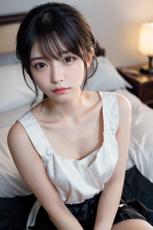 (8K、Raw photography、top-quality、masterpiece:1.2)、(realisitic、Photorealsitic:1.37)、ultra-detailliert、超A high resolution、1 fair-skinned girl、see the beholder、beautifull detailed face、floated hair、profetional lighting、a bed、Sleeping face down、((s Pajamas))
