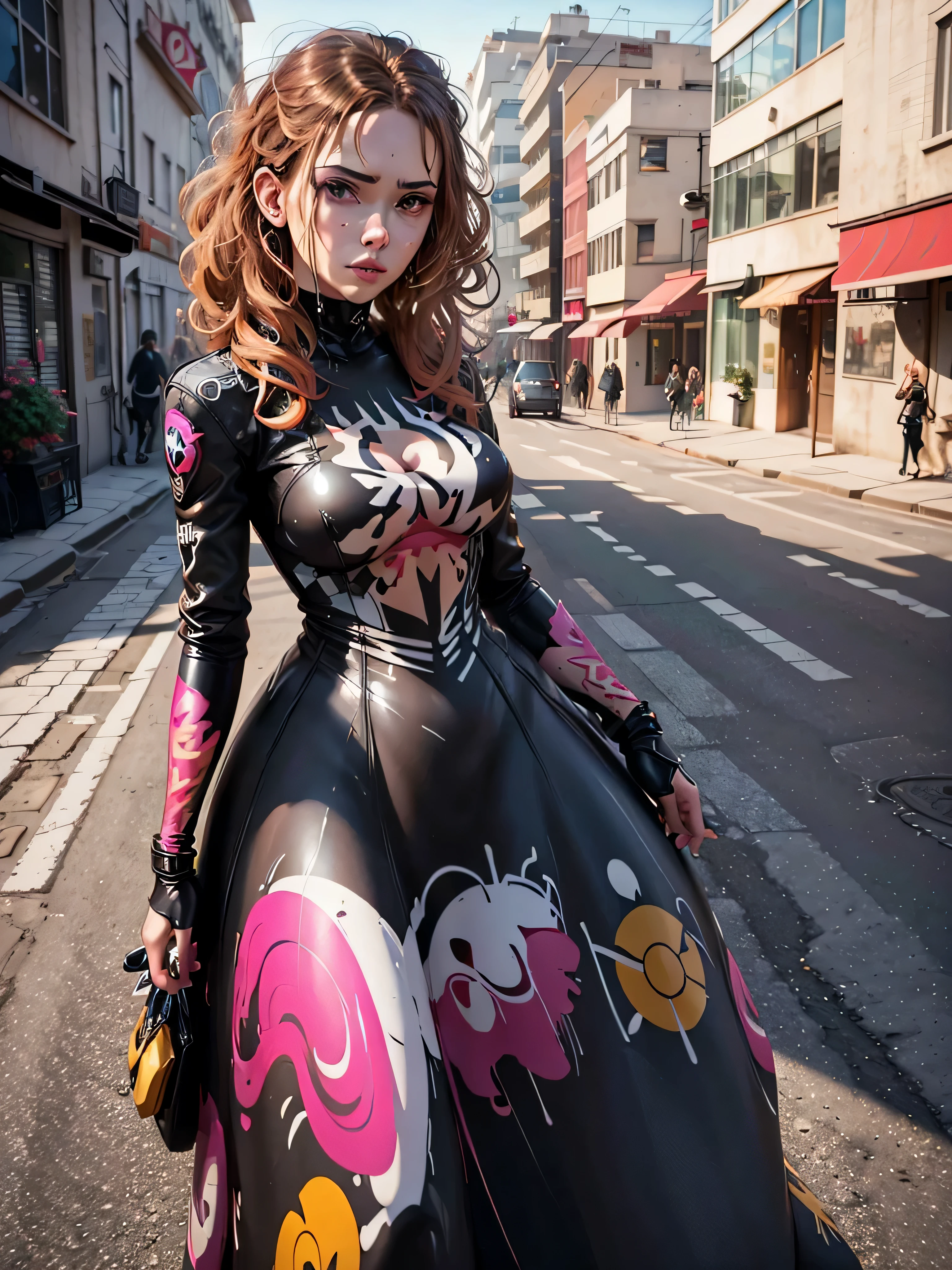 raffiti on the wall of a building with a woman in a latex outfit and a car, street art 8 k, urban art style, in style of digital illustration, in style of digital painting, modern street art, street art style, style digital painting, airbrush digital art, realistic digital art 4k, realistic digital art 4 k, beautiful art uhd 4 k. The interplay of incredible colors and meticulous attention to detail bring this hyper-realistic portrayal to life, inviting you to embrace the world of artistic expression and celebrate the unique presence of life. make this painting perfect in every detail/,comic book