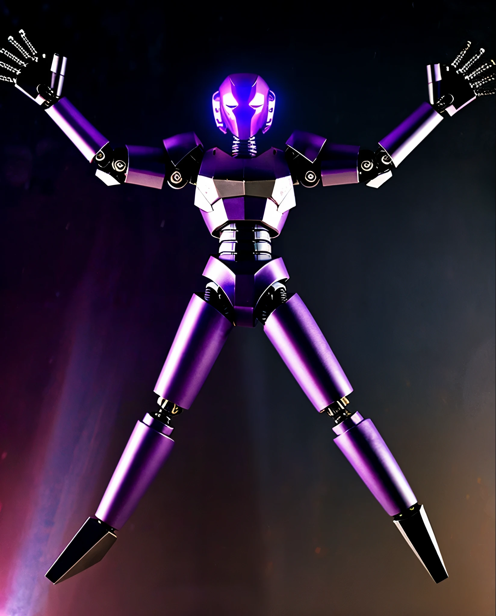 Evening background, black iron robot, doll robot, high performance, high quality, armed, sharp armed, thick armor, eyes purple, glowing purple, sharp eyes, rogue robot, sky in background,
