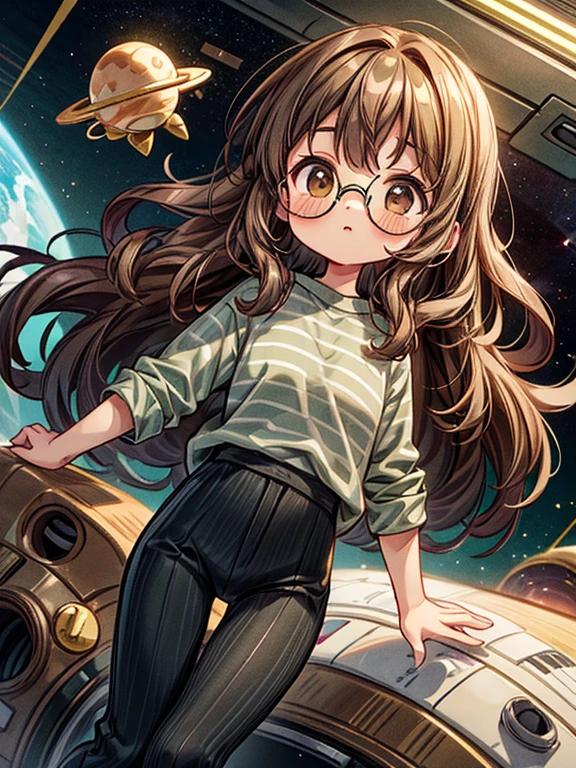 Girl with long brown curly hair, brown eyes, wearing gold circular glasses, a green and gray striped shirt, and black pants, (floating in space)