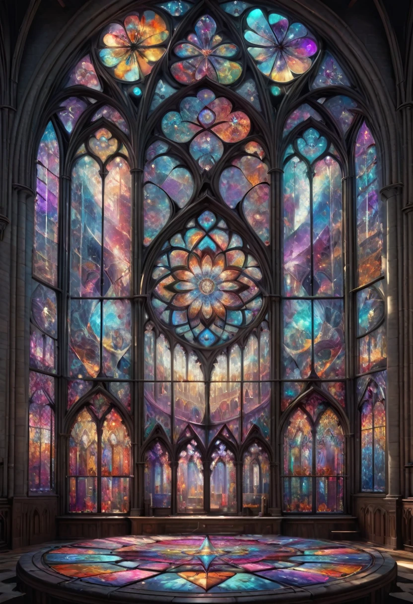 giant geometric shape, Epic stained glass window of a church Colorful glithering beautiful gothic fractal geometry on mandala, Hyperdetailed by Arthur Rackham, intricate details, textured, volumetric, vivid, Antoine Blanchard, vibrant colours, beautiful lighting, perfect composition: detailed matte painting, deep color, fantastical, intricate detail, splash screen, complementary colors, fantasy concept art, 8k resolution trending on Artstation Unreal Engine 5 . masterpiece, best quality, very aesthetic, absurdres, otclillsn