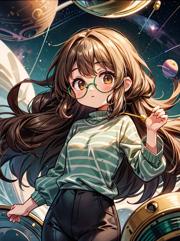 Girl with long brown curly hair, brown eyes, wearing gold circular glasses, a green and gray striped shirt, and black pants, (floating in space)