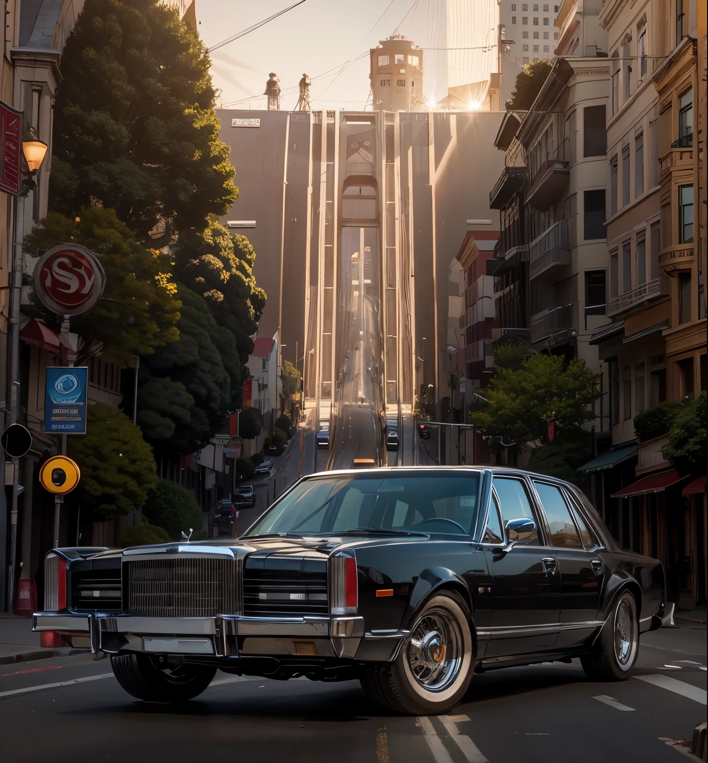 In the foreground, a gleaming, exhibition-quality Ford Lincoln catches the light, its chrome sparkling. Behind it, the iconic San Francisco streets rise steeply, with the unmistakable silhouette of a brightly colored cable car clinging to the tracks high above.