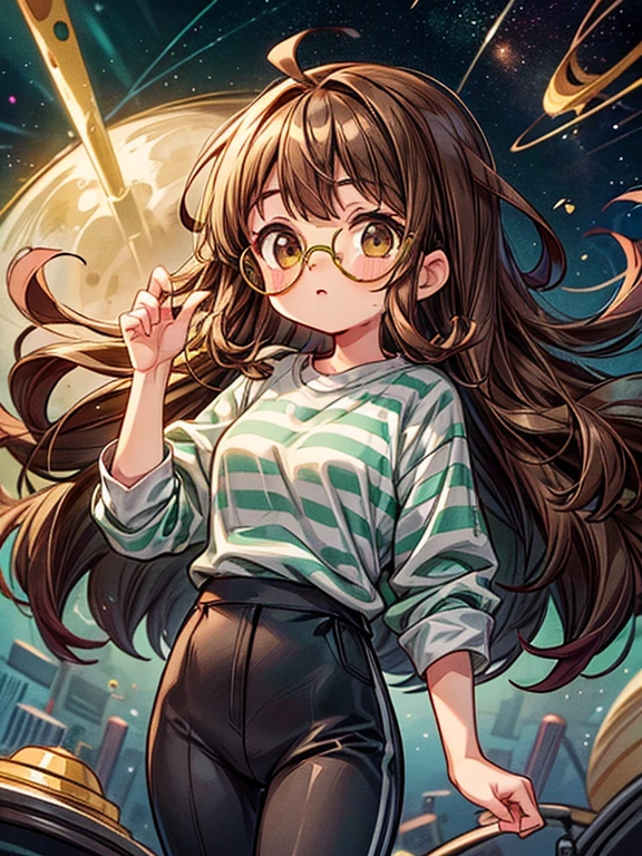 Girl with long brown curly hair, brown eyes, wearing gold circular glasses, a green and gray striped shirt, and black pants, (floating in space)