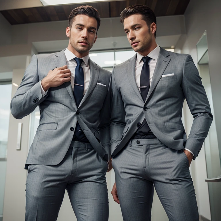 Two handsome men in slim fit suits are rubbing their crotch bulges against each other until all their trousers are wet with their sperm